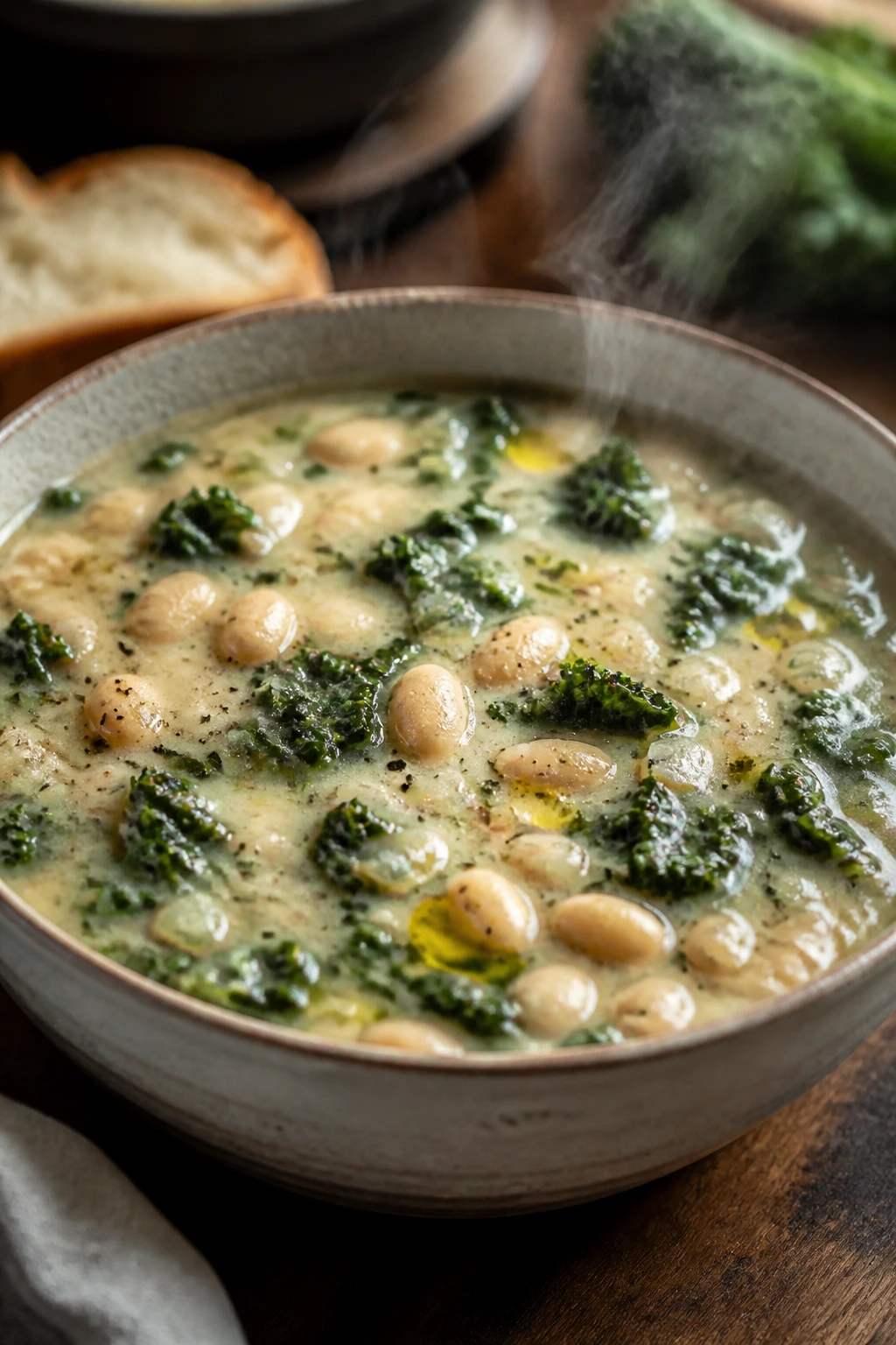 Steaming bowl of white bean kale soup with cannellini beans and kale
