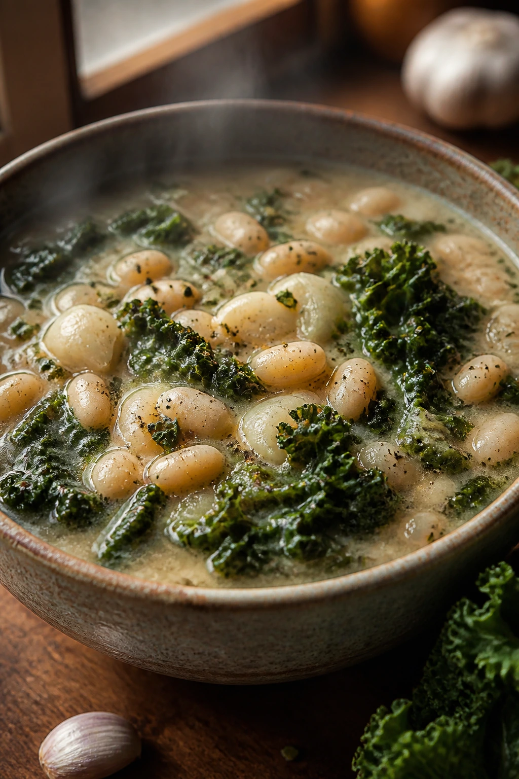 Creamy white bean stew with kale and garlic in a bowl.