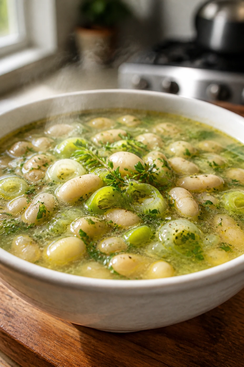 Steaming bowl of white bean leek soup with herbs