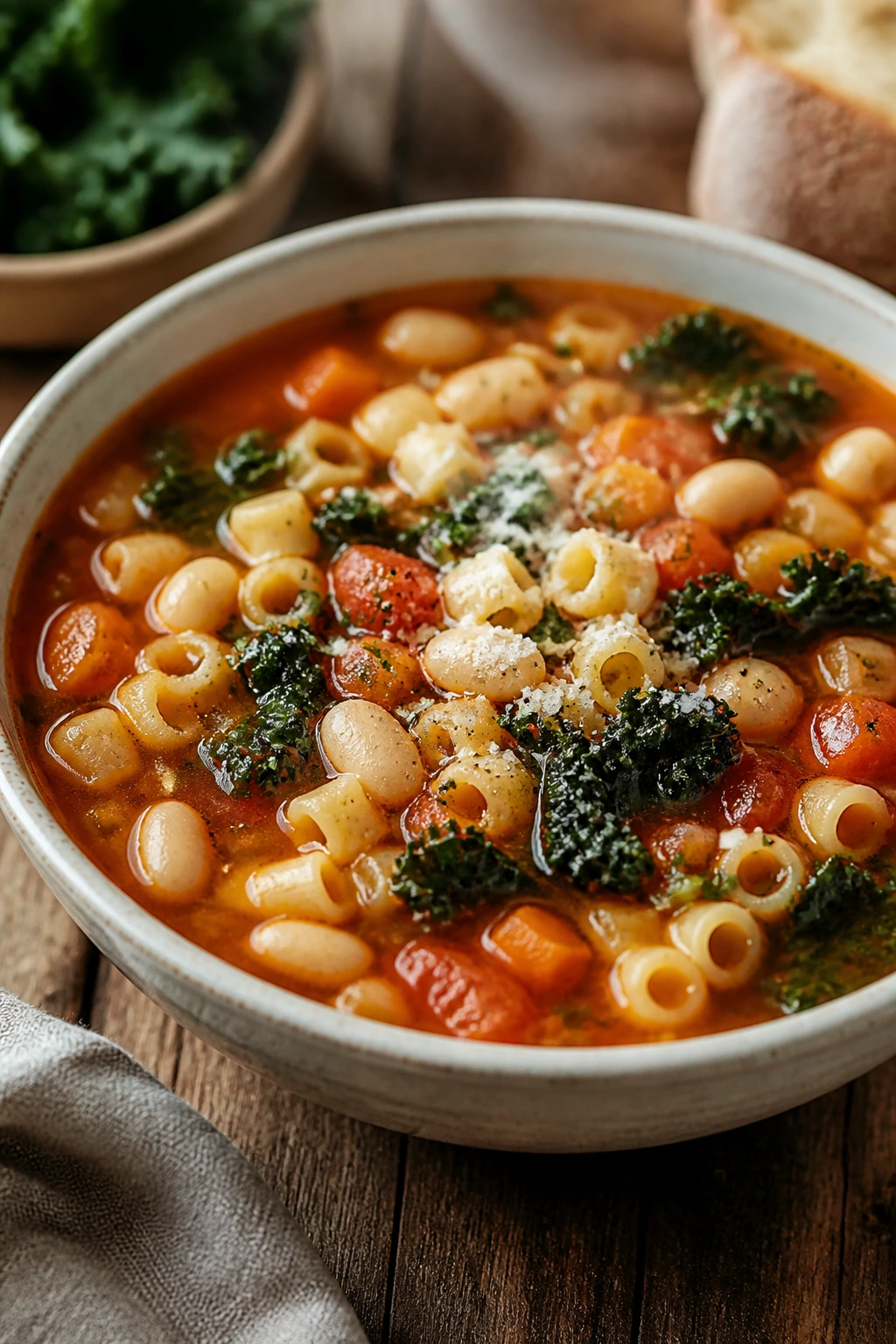 Steaming bowl of white bean kale minestrone soup