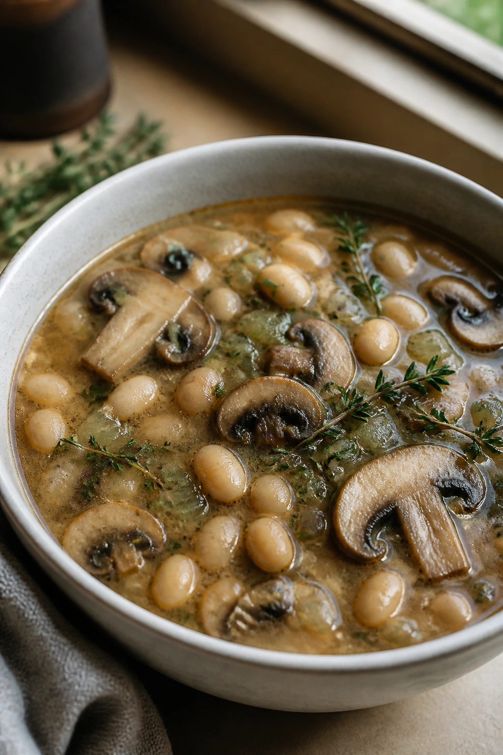 Close-up of White Bean Mushroom Thyme Soup with mushrooms and thyme