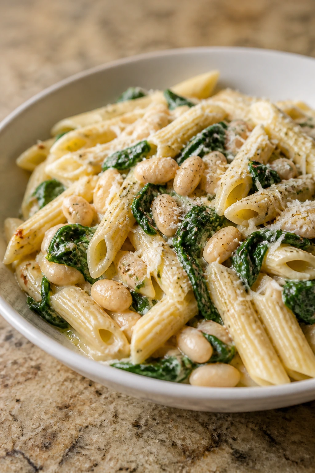 Creamy white bean pasta with spinach and parmesan