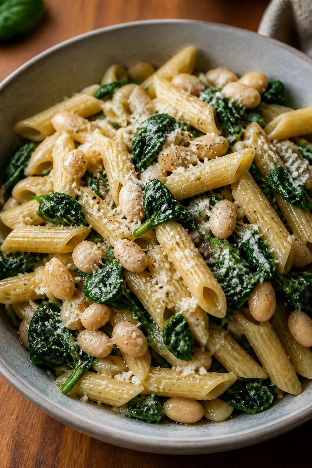 Pasta with white beans and spinach topped with parmesan