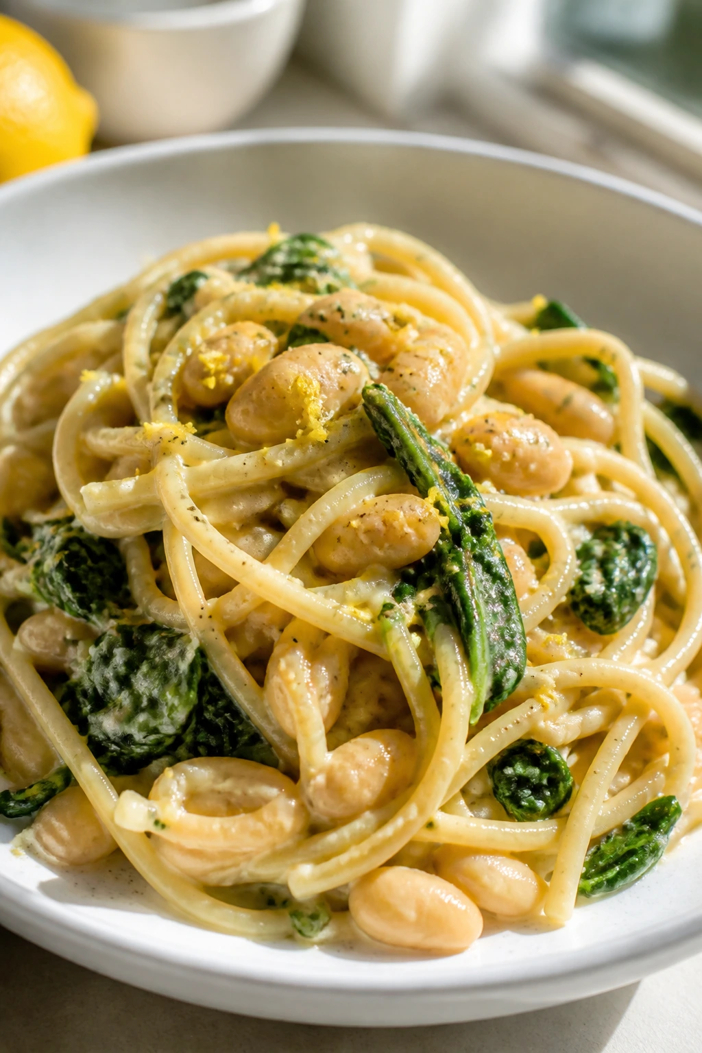 Plate of white bean lemon pasta with spinach and lemon zest
