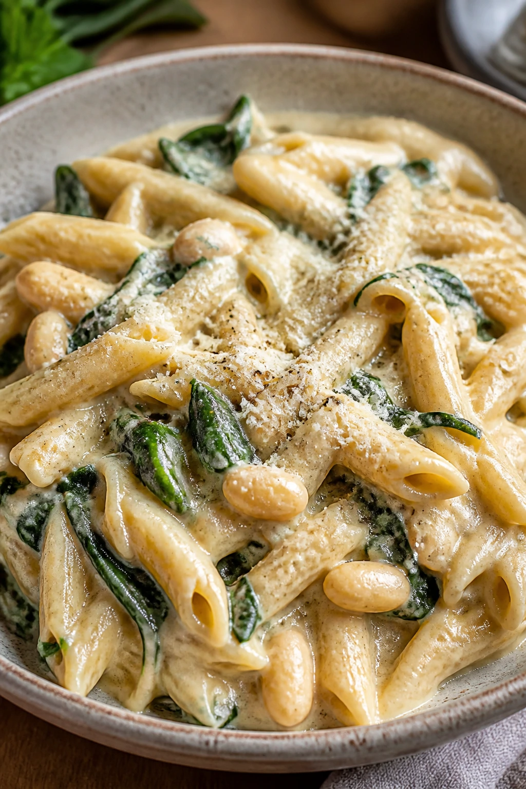 Close-up of creamy white bean pasta with spinach and parmesan