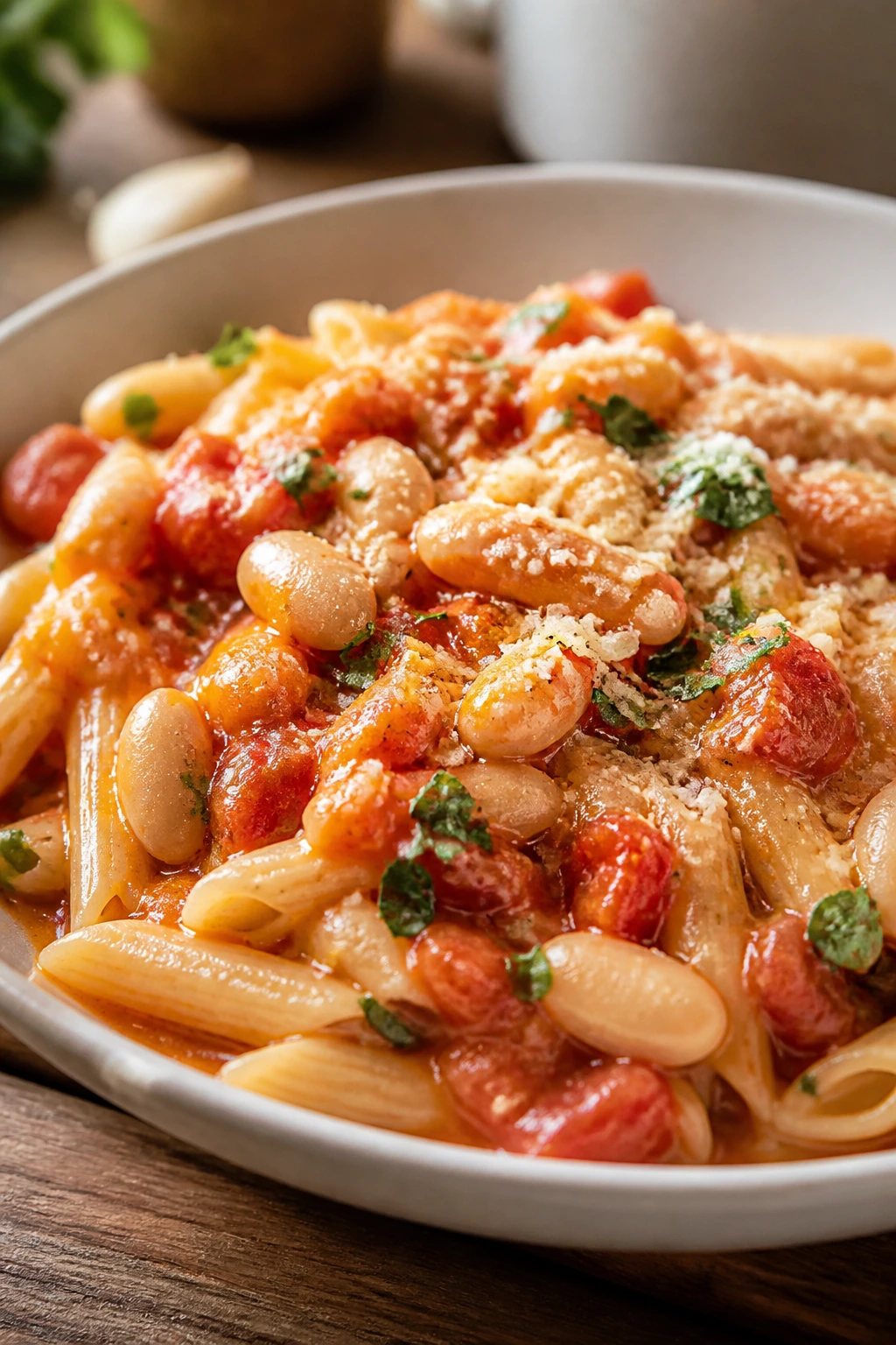 Close-up of creamy white bean pasta with tomato sauce in a white bowl