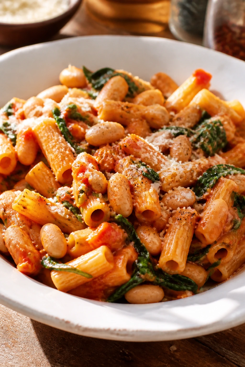 Close-up white bean and tomato pasta with spinach
