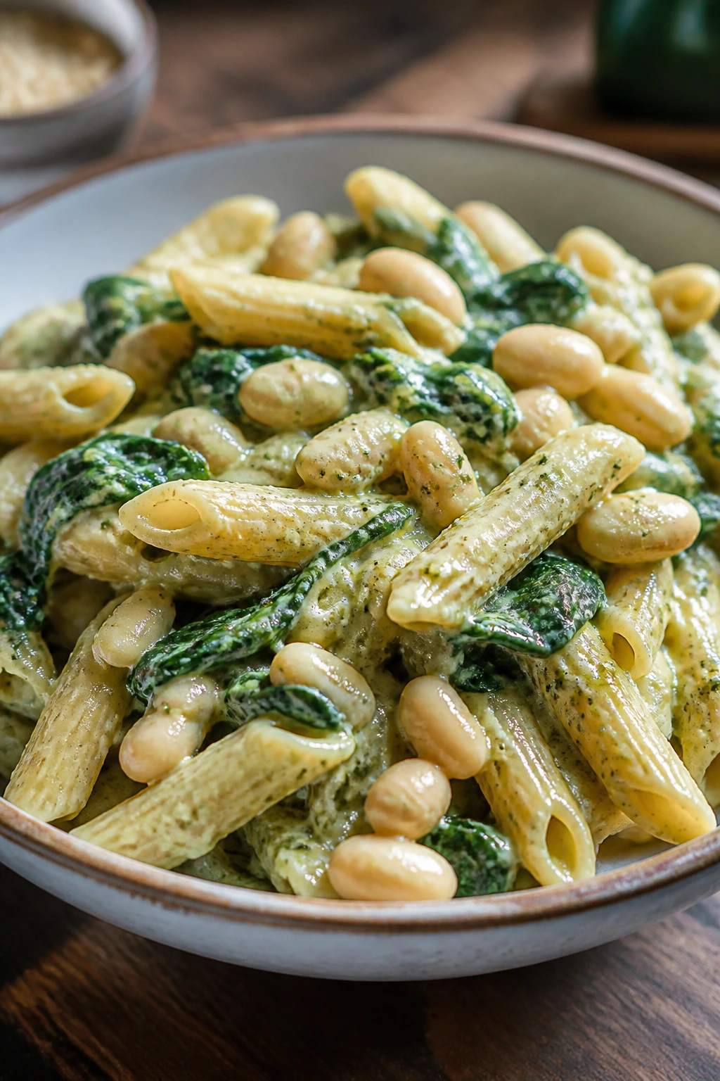 Plate of white bean pesto pasta with spinach and beans in green sauce
