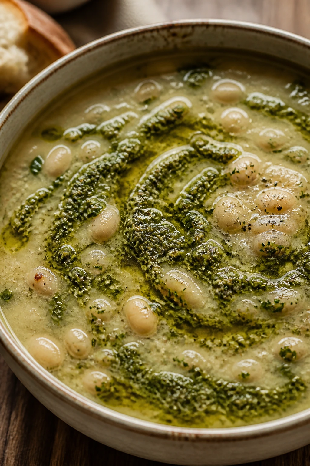 Pale white bean soup with green pesto swirl in a rustic kitchen