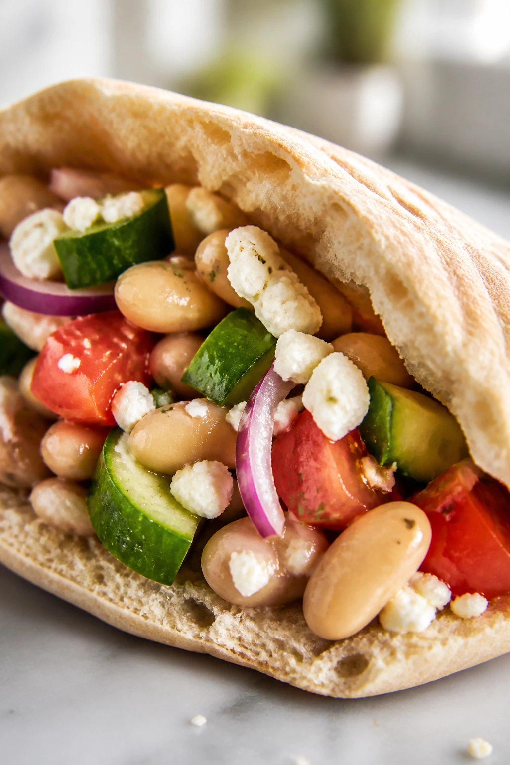 Close-up of a pita pocket filled with white beans and vegetables