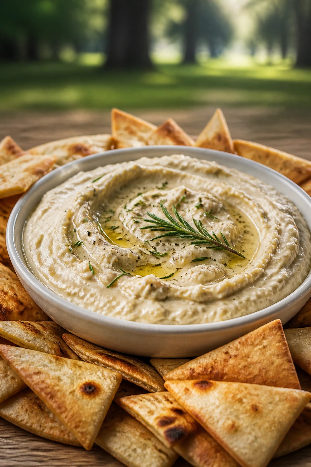 Creamy white bean rosemary dip with toasted pita triangles on a wooden table outdoors
