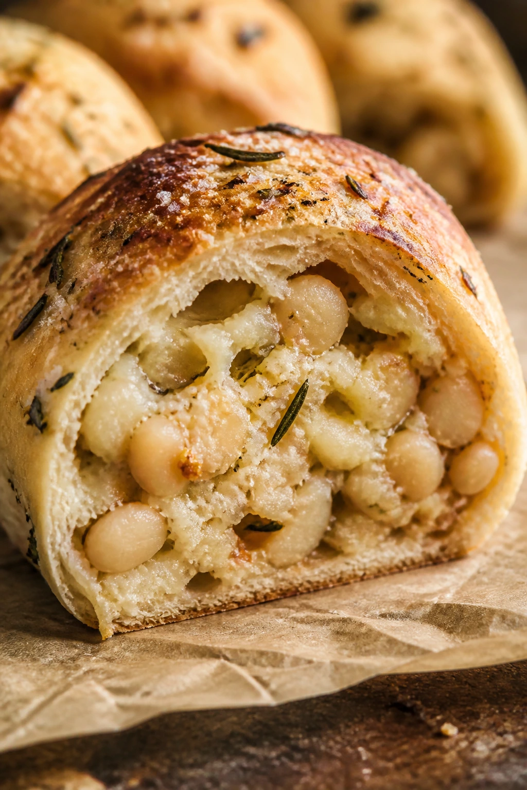 White bean rosemary garlic rolls cross-section
