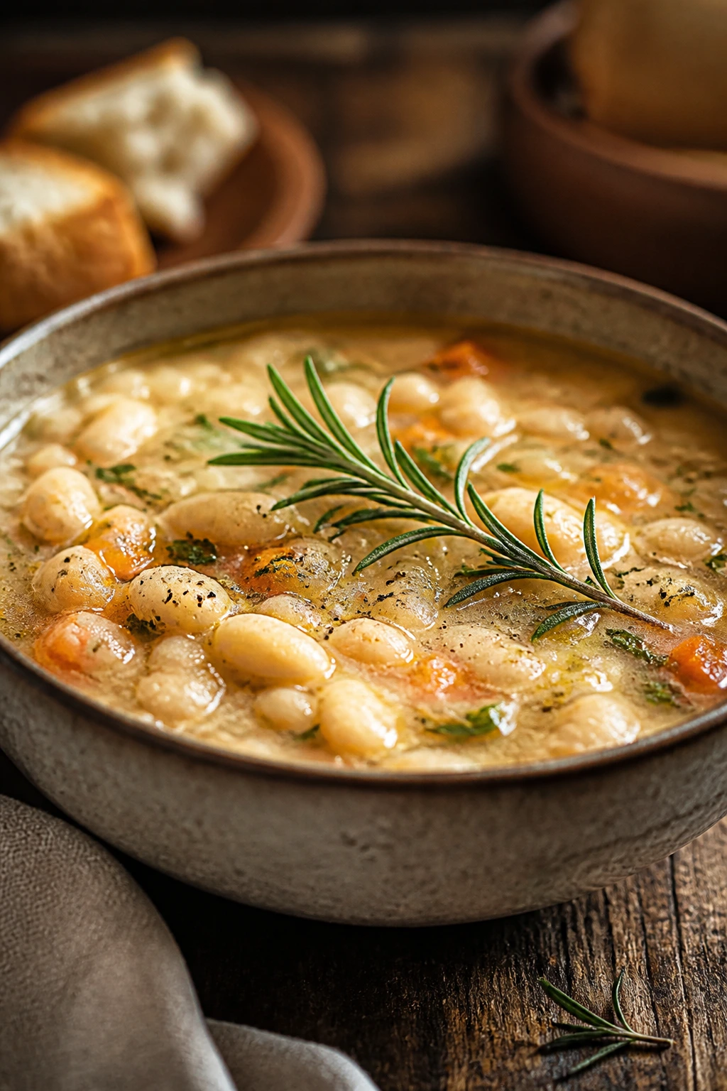 Close-up of white bean stew with rosemary garnish in a bowl