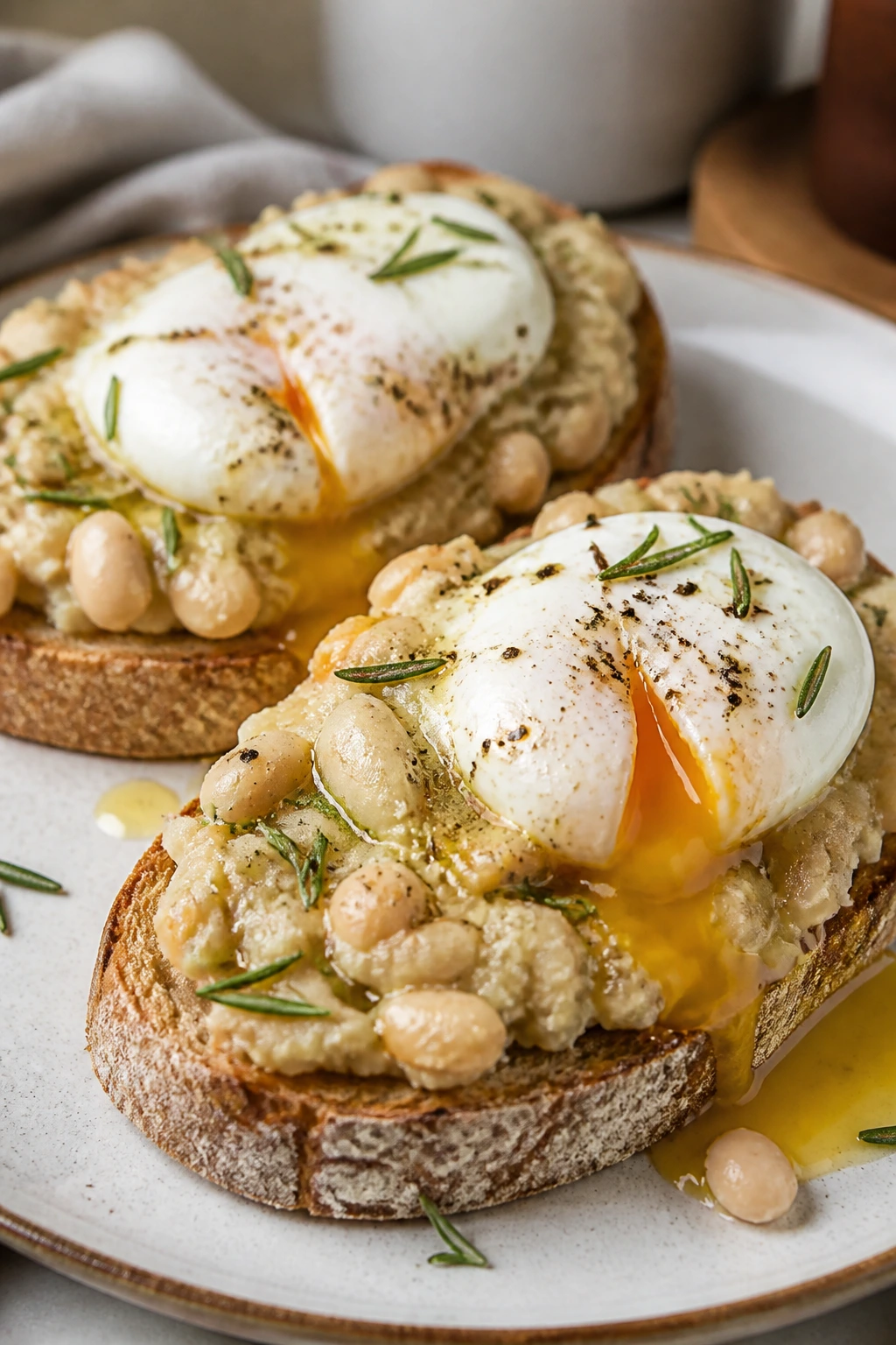 White bean rosemary toast with soft eggs