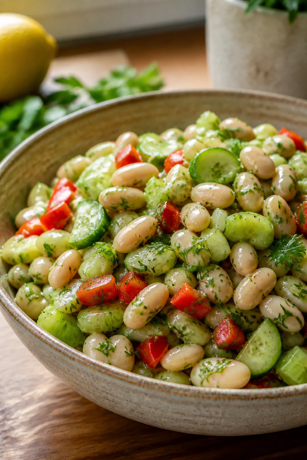 Close-up of white bean salad in a rustic bowl with cannellini beans, cucumber, celery, pepper, and herbs.