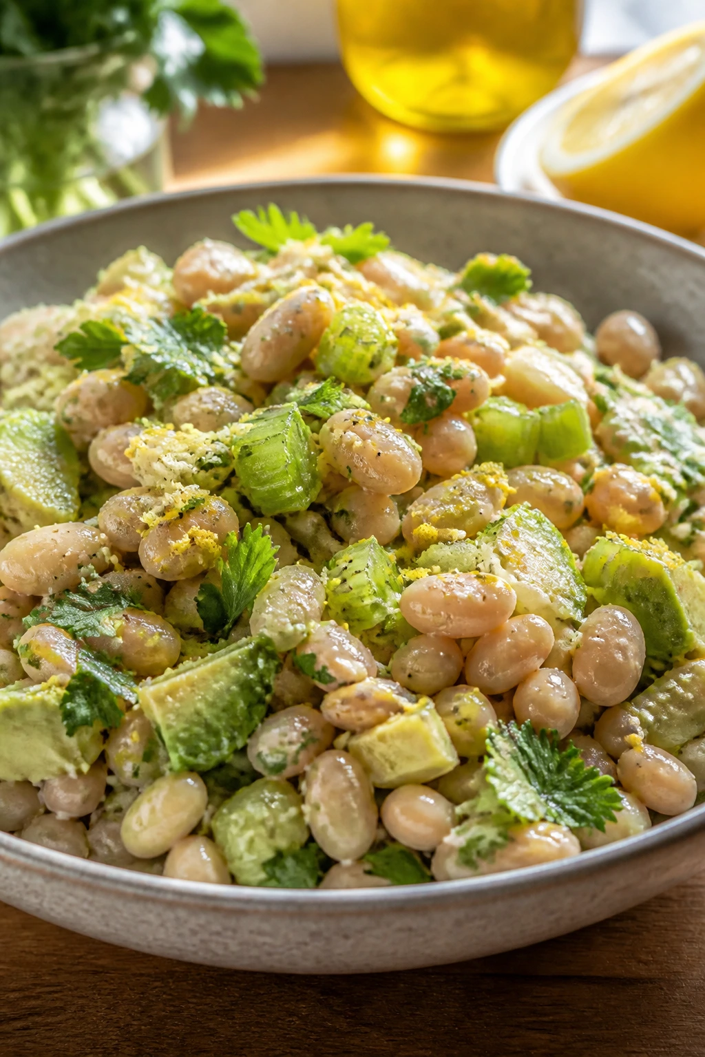 Close-up of zesty white bean salad with lemon zest atop creamy beans and herbs