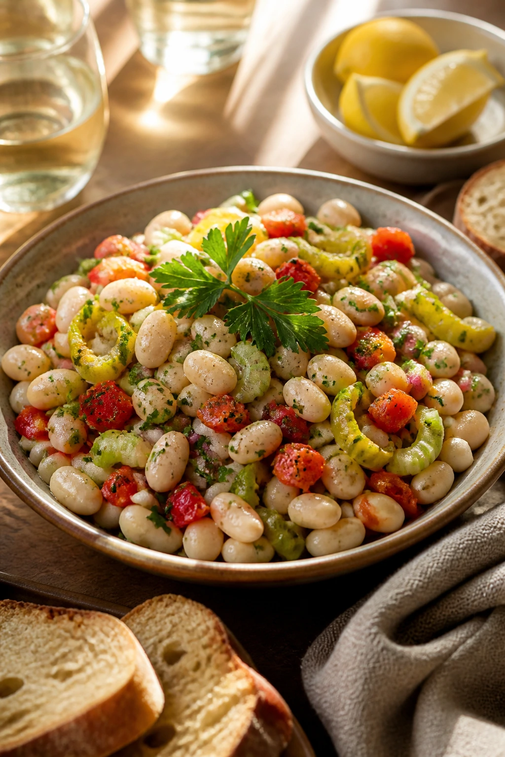 Plated white bean salad in a shallow bowl with parsley garnish.