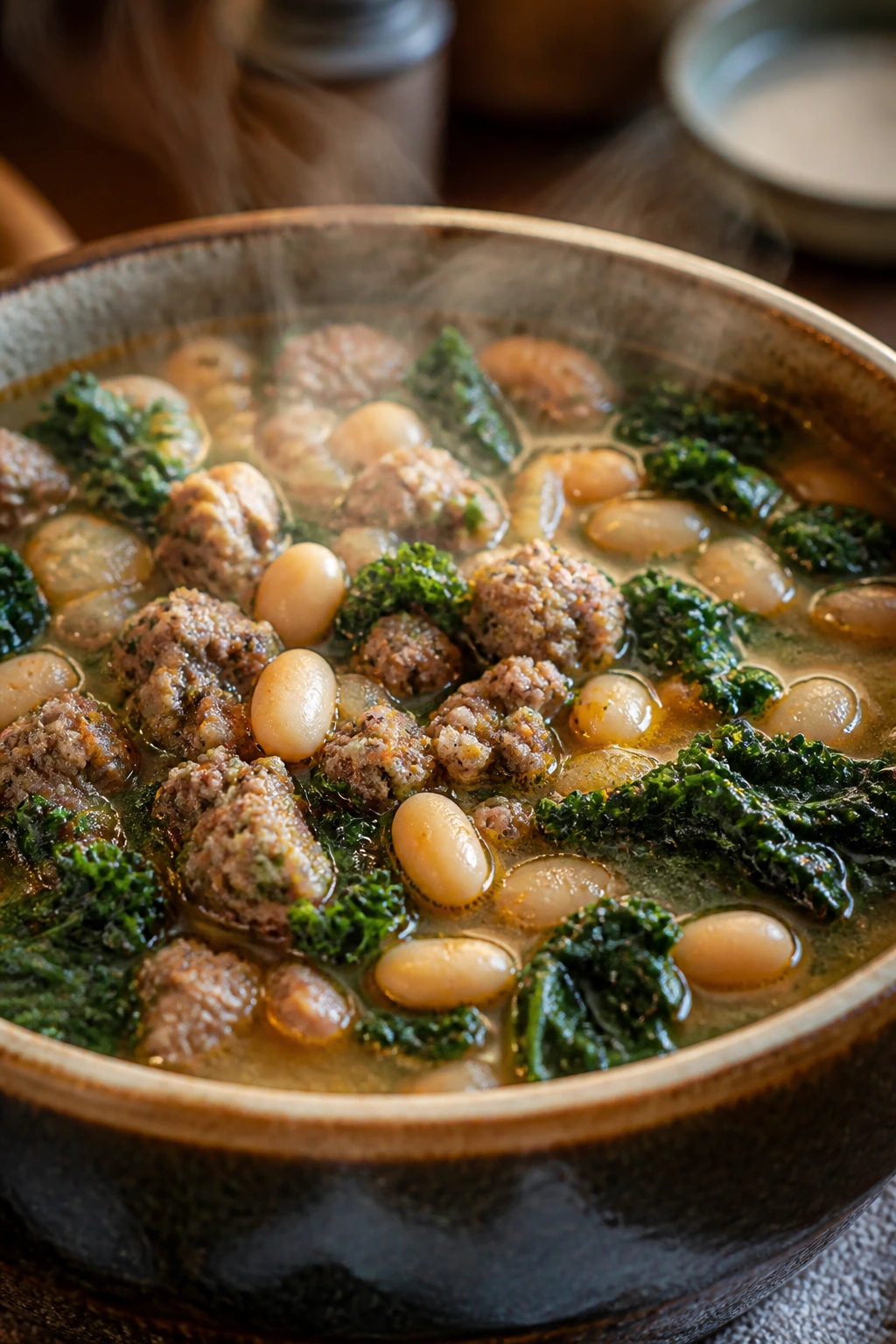Sausage and white bean kale stew in a bowl