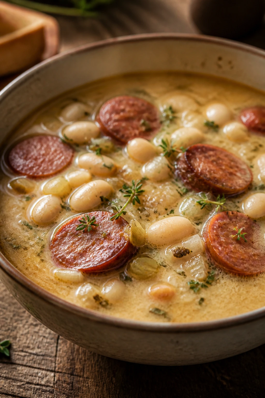 Steaming bowl of white bean and smoked sausage soup