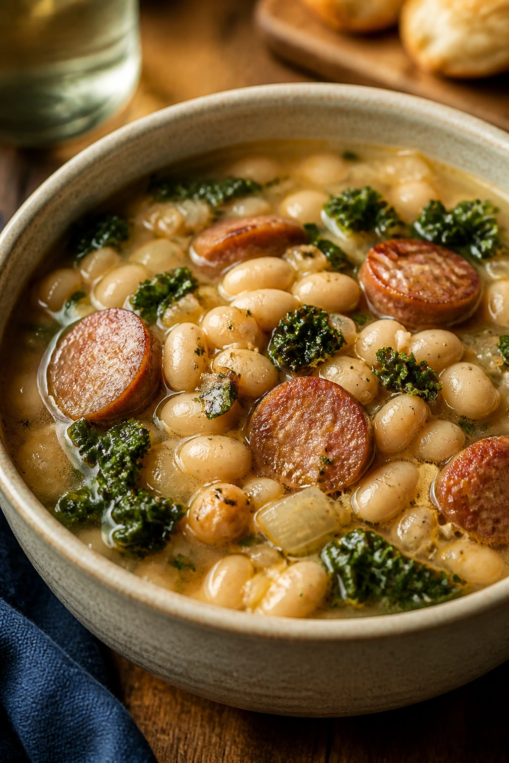 Steaming bowl of white bean and sausage soup with kale