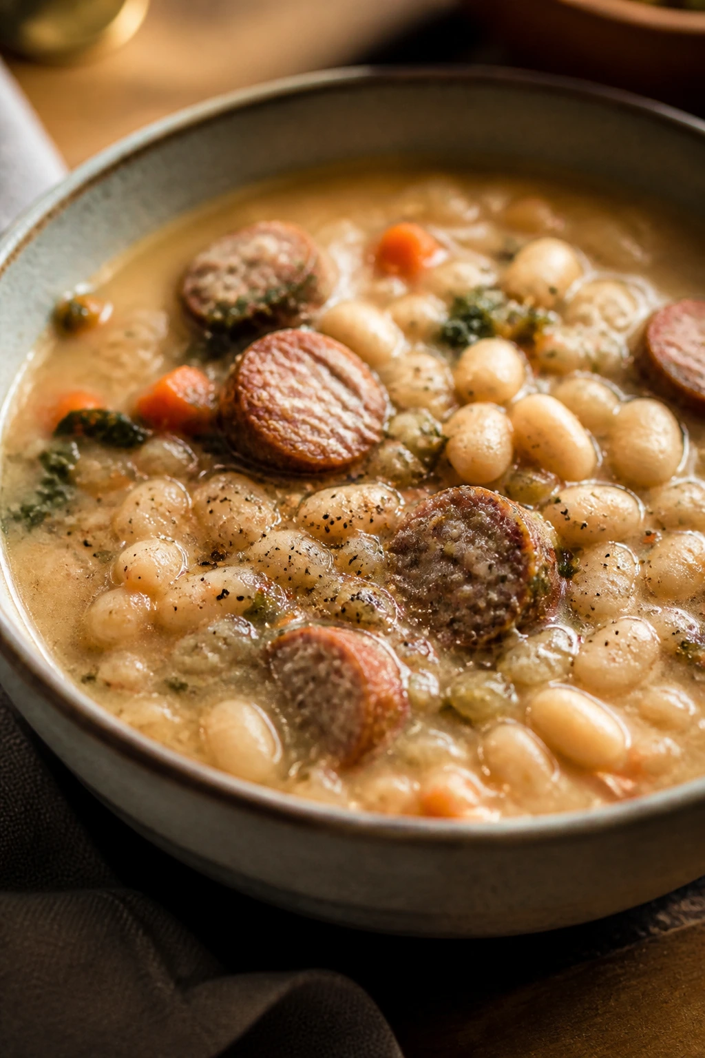 Bowl of white bean and sausage stew in a cozy kitchen
