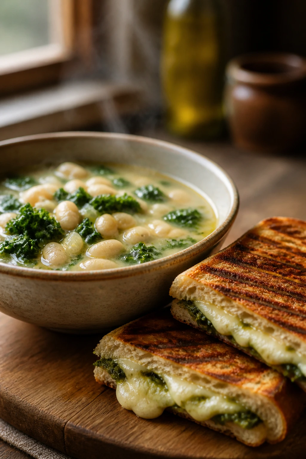 Close-up of white bean kale soup with a pesto mozzarella panini on a wooden board