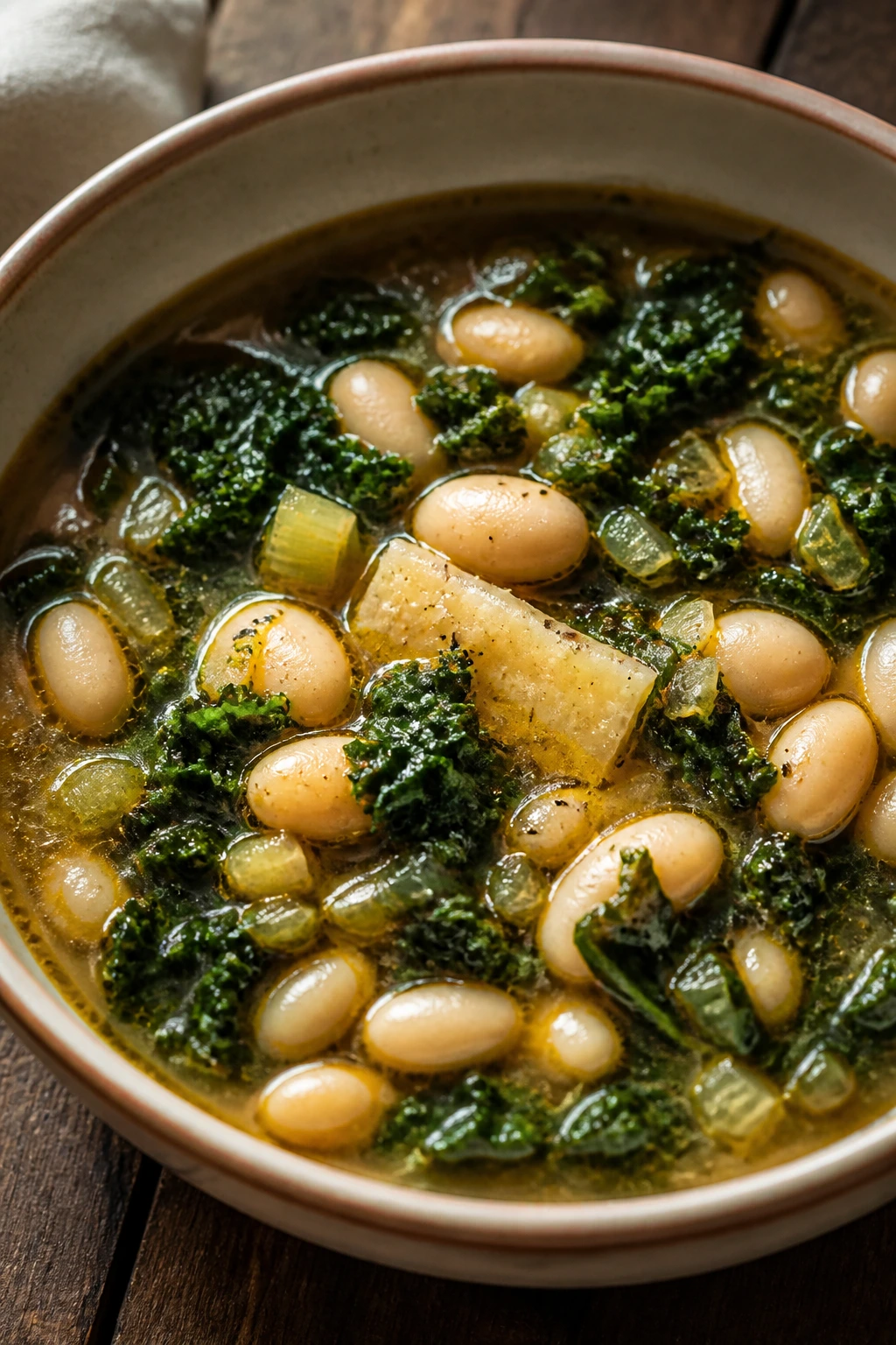 Close-up of white bean and kale soup with cannellini beans and kale