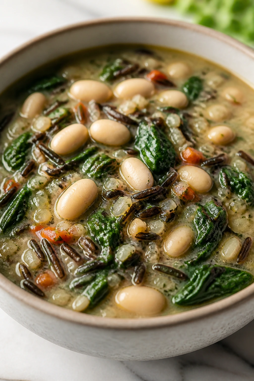 Close-up of white bean and spinach wild rice soup in a bowl