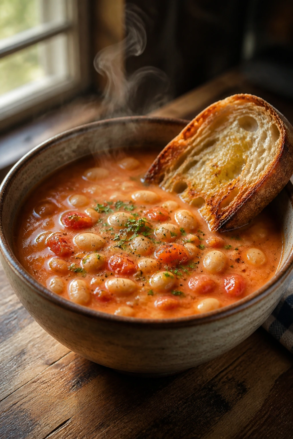 Creamy white bean soup in a rustic bowl with toast on a wooden table