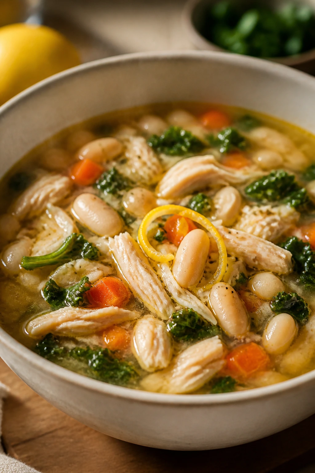 White Bean Chicken Soup with chicken, beans, kale, and lemon