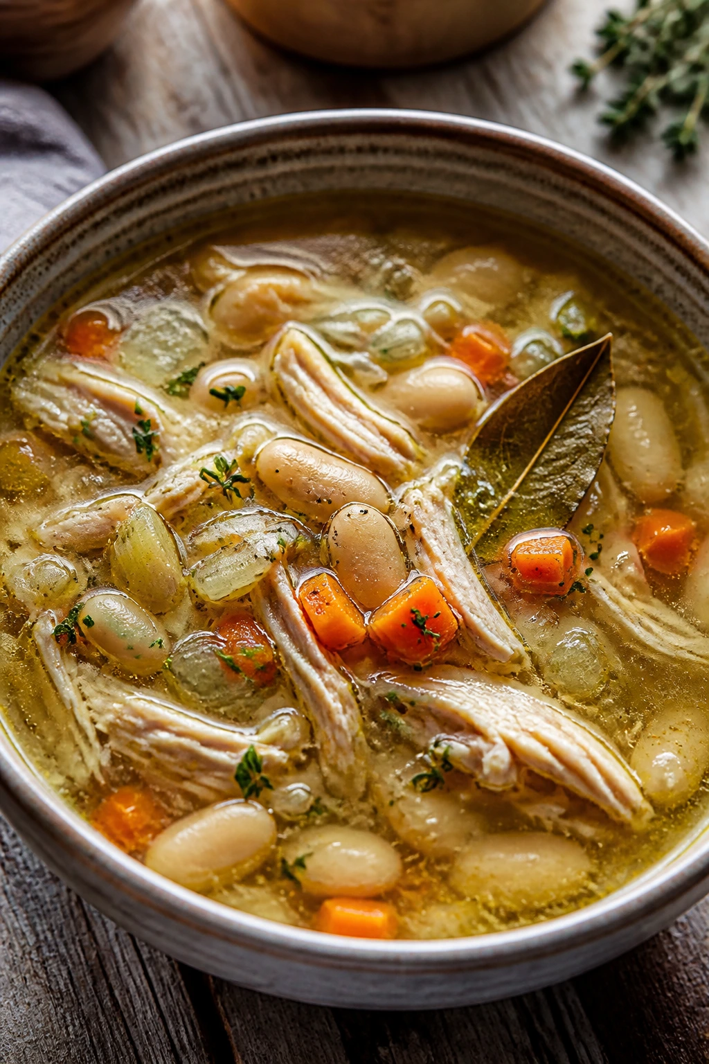 Steaming white bean soup in a rustic bowl with shredded chicken and beans