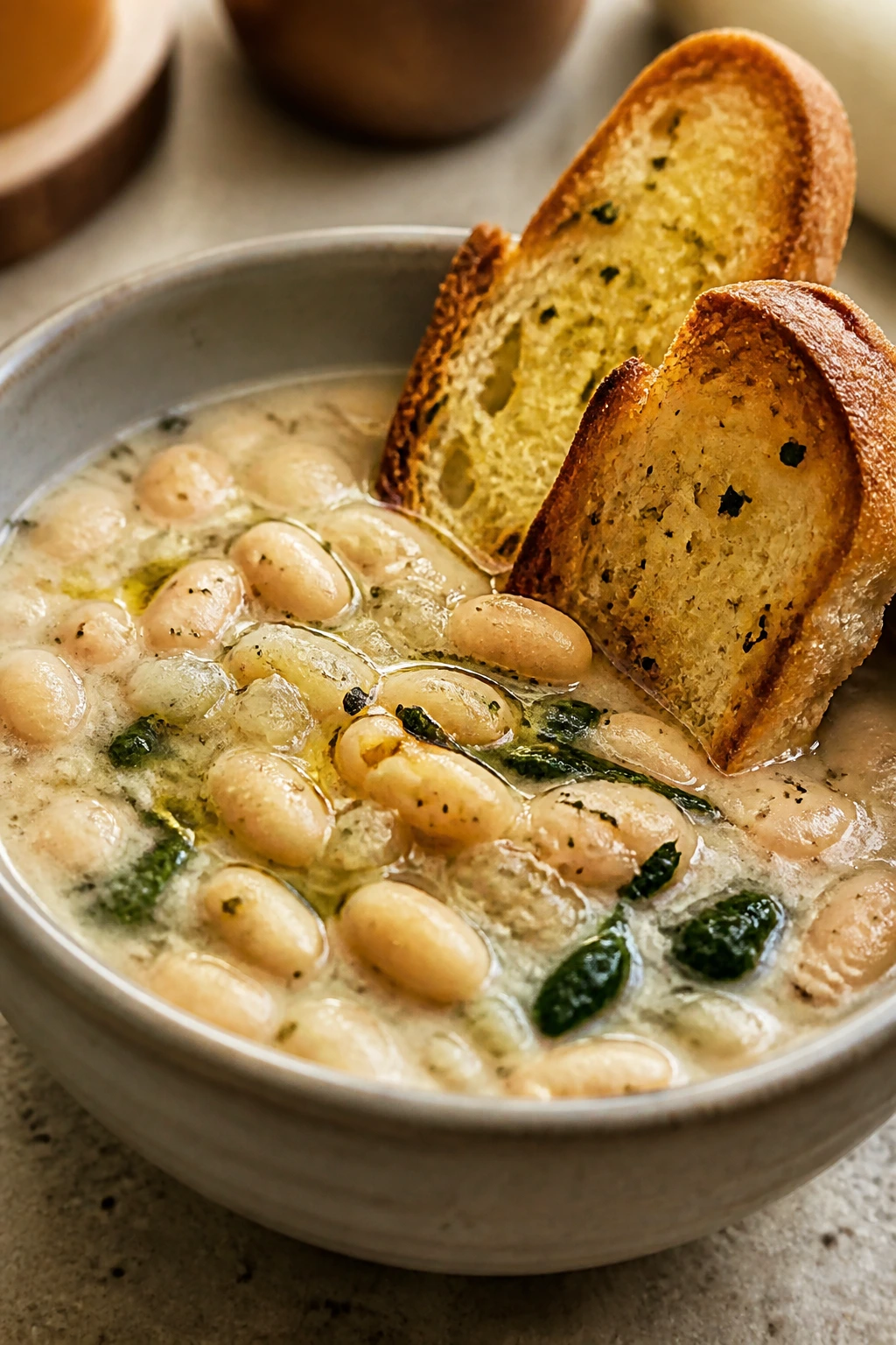Creamy white bean soup in a bowl with garlic toast against the rim on a kitchen counter