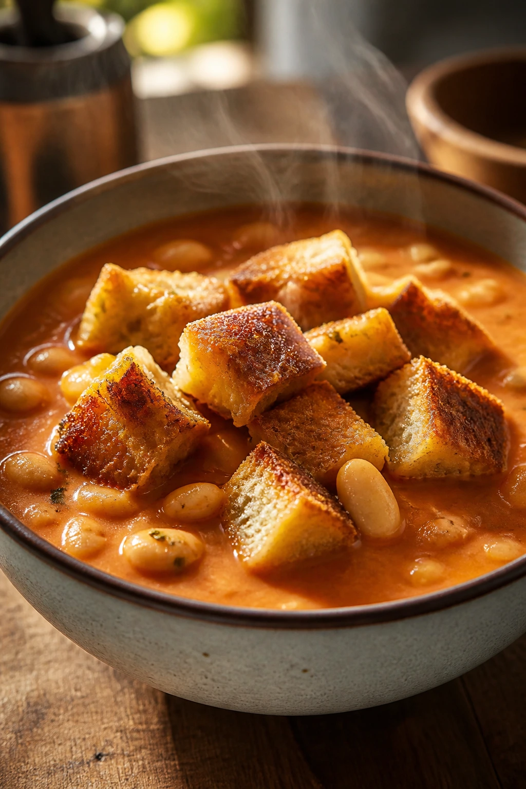 Creamy white bean tomato soup with grilled cheese croutons in a bowl