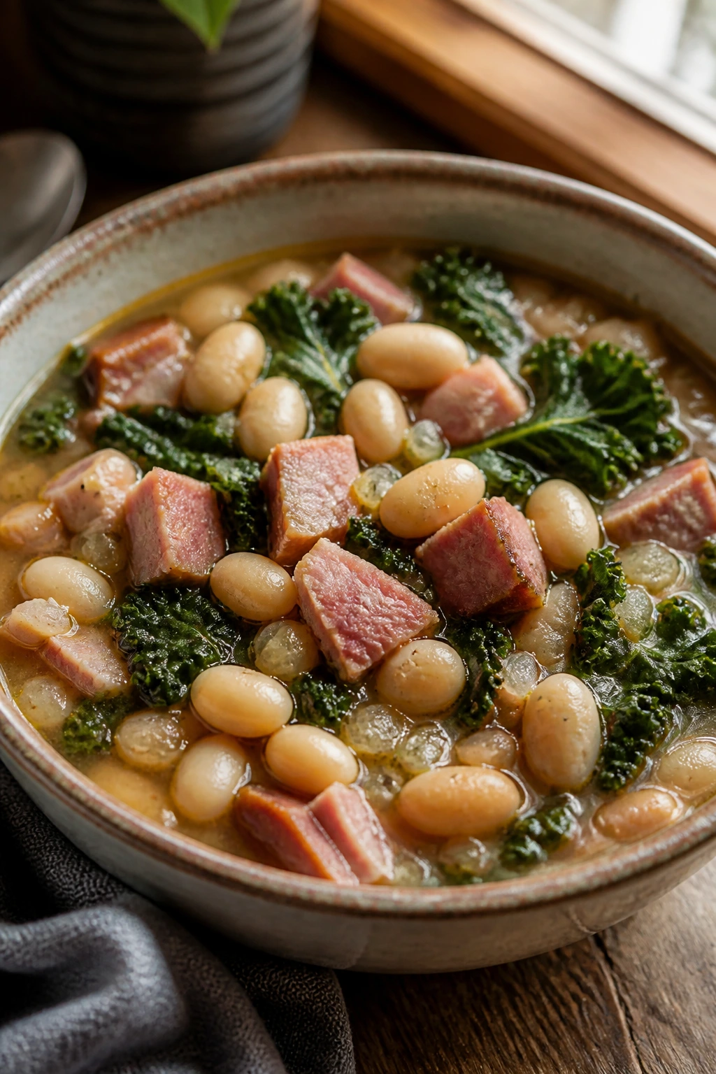 Steaming bowl of white bean and ham soup with kale