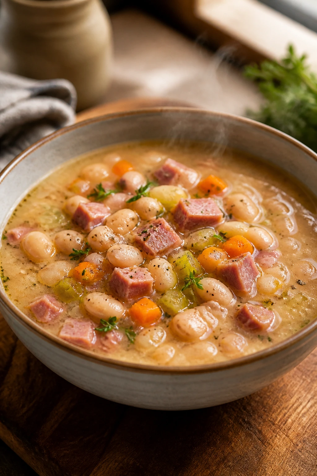 Close-up of steaming white bean and ham soup in a rustic bowl on a wooden counter