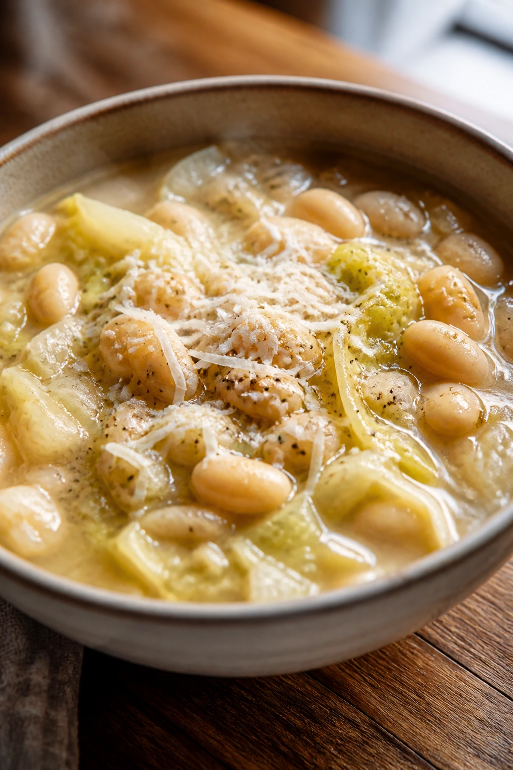 Close-up of white bean and cabbage soup with Parmesan topping