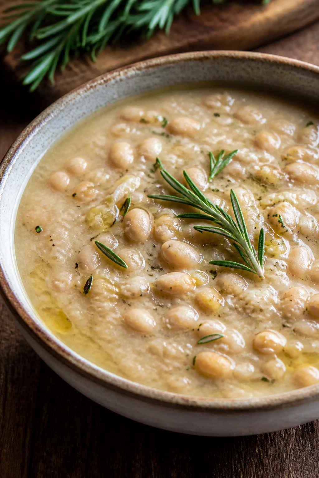 Creamy white bean rosemary soup in a bowl with rosemary garnish