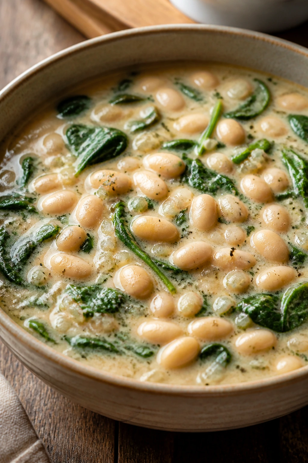 Close-up white bean spinach soup in a bowl with spinach