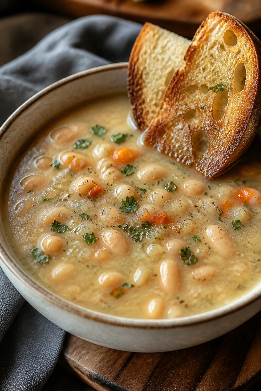 Creamy white bean soup with toasted bread on a wooden table