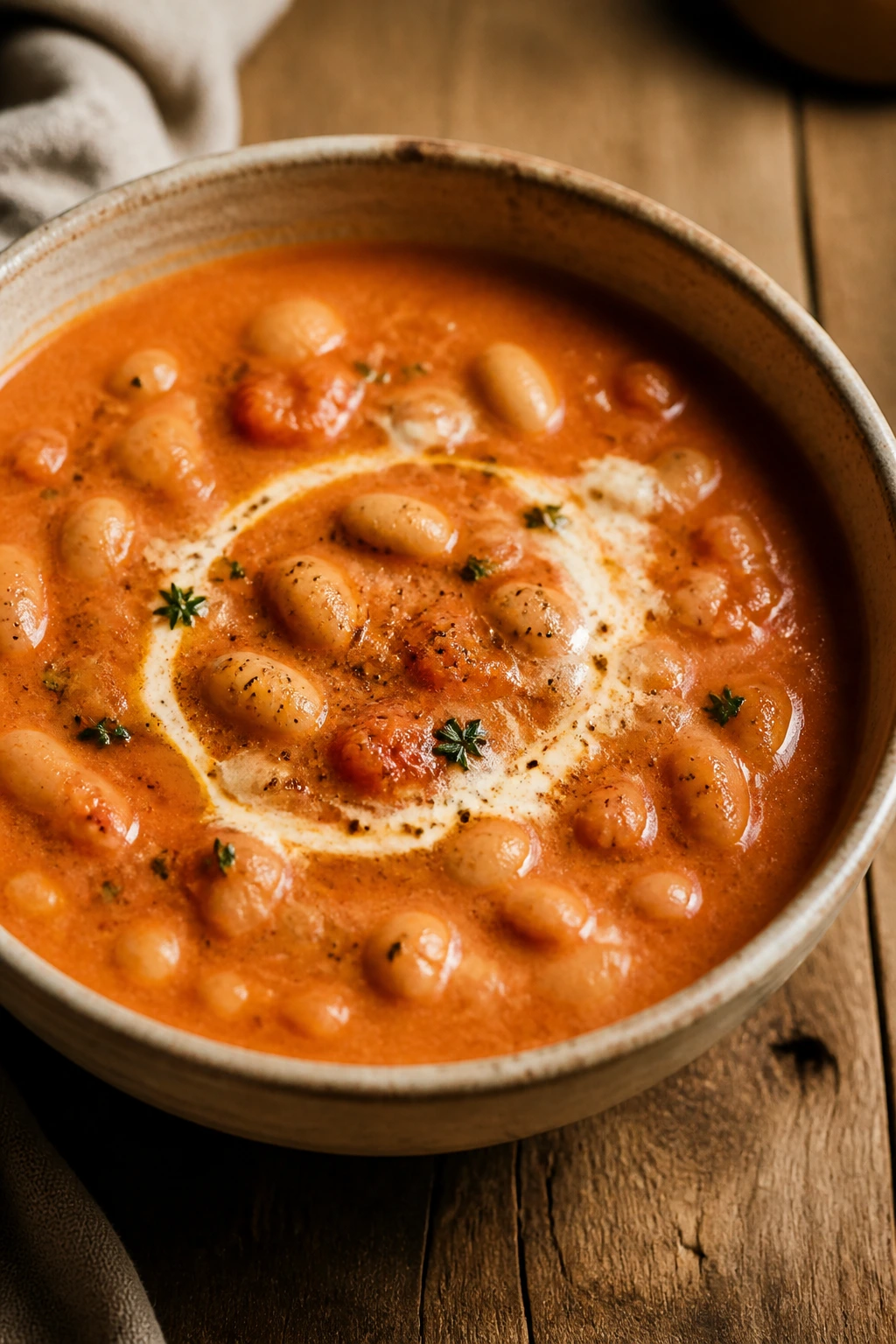 Close-up of creamy white bean tomato soup in a bowl.