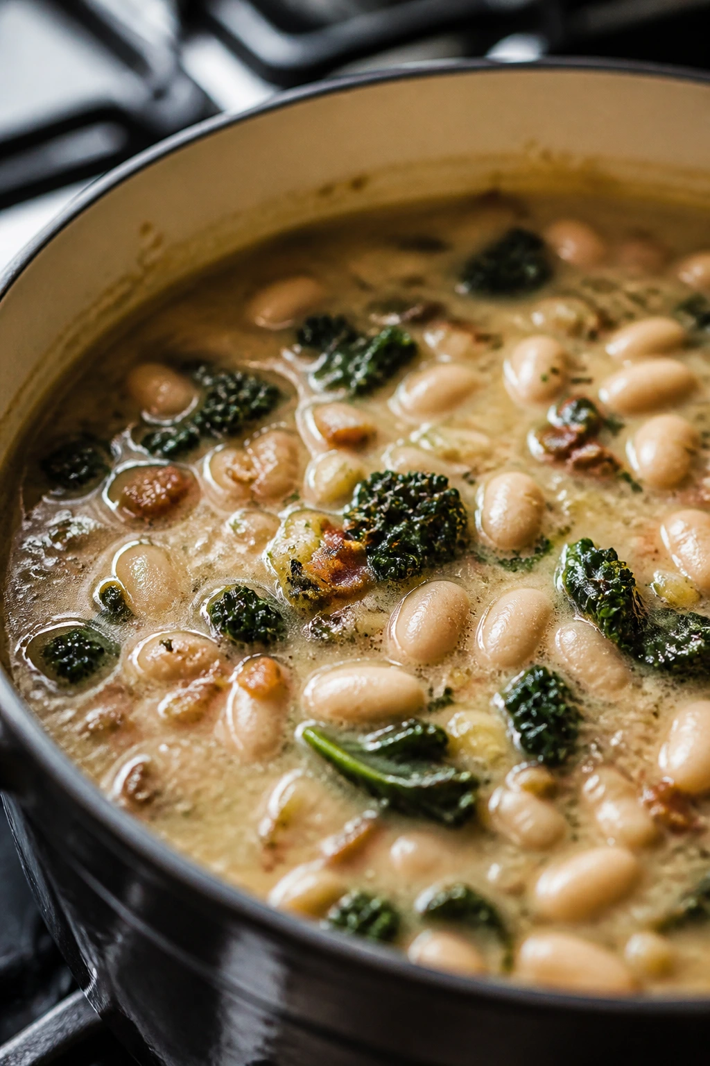 Close-up of Tuscan White Bean Soup in a rustic bowl with cannellini beans and kale