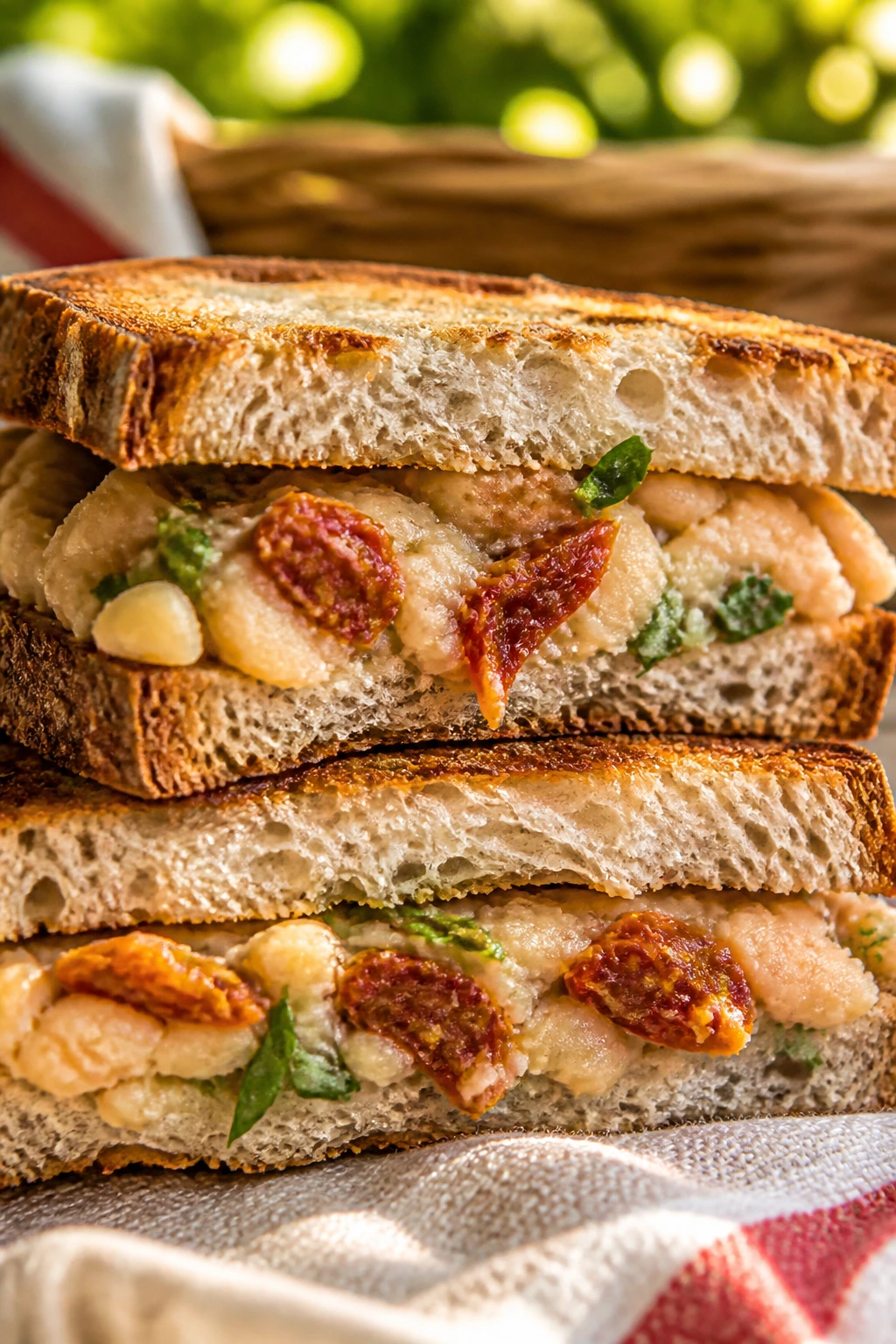 Cross-section of smashed white bean sun-dried tomato sandwich with basil