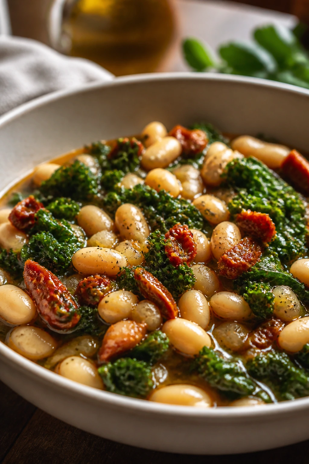 Close-up of sun-dried tomato white bean bowl with kale