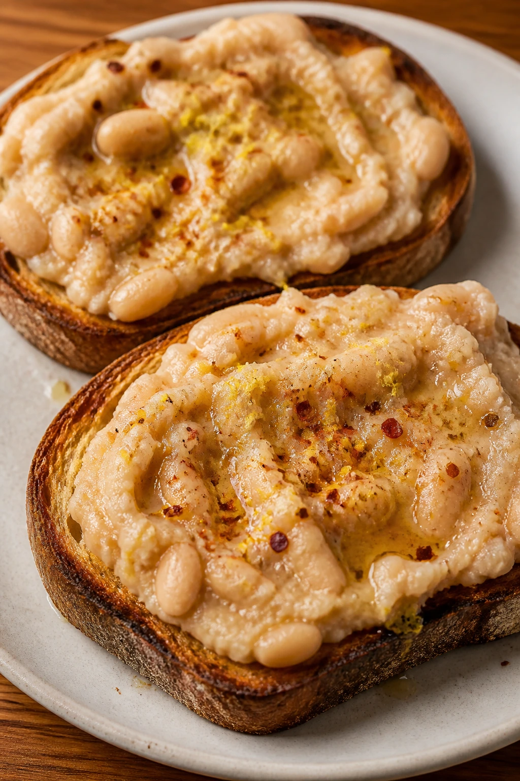 Toast topped with white bean spread, lemon zest, and chili flakes