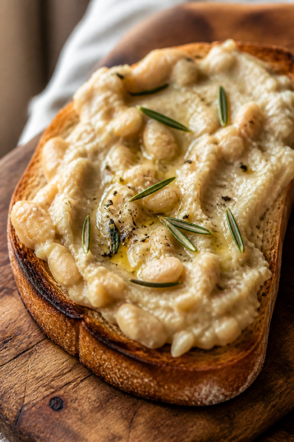 Close-up of white bean rosemary toast on wooden board.