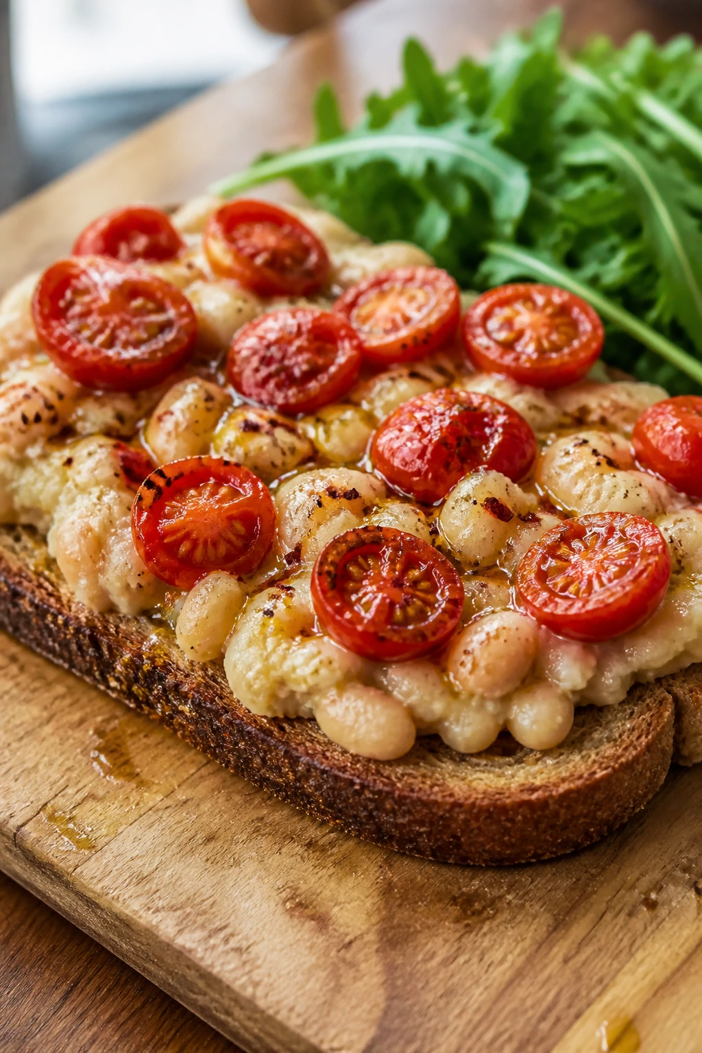 Open-faced toast with smashed white beans and tomatoes on whole grain bread