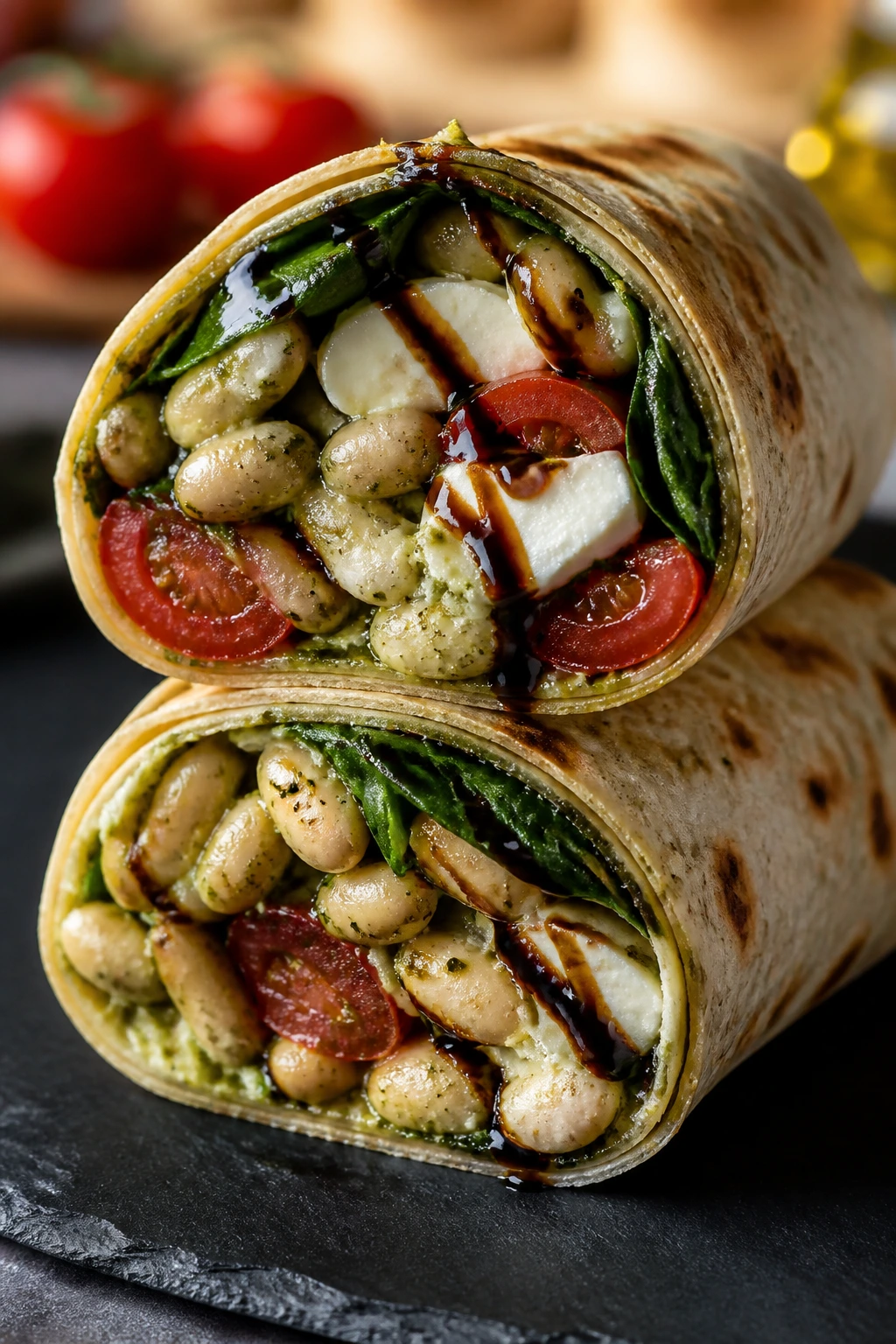 Close-up of pesto caprese white bean wrap half with pesto-coated beans, tomatoes and mozzarella