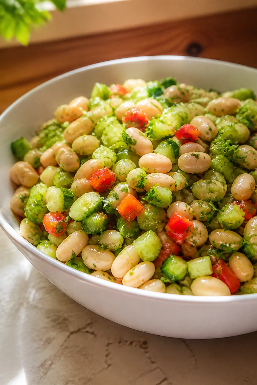 Close-up of bright white bean salad in a glossy bowl with crisp vegetables on a kitchen counter