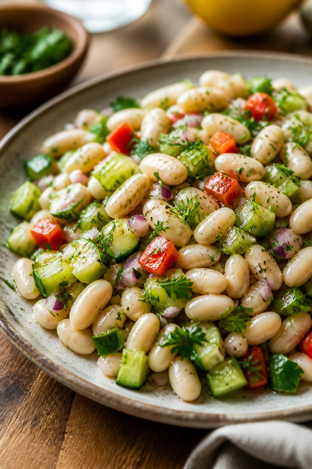 Close-up of Zesty White Bean Salad with cannellini beans and crisp vegetables on a plate with lemon-Dijon dressing