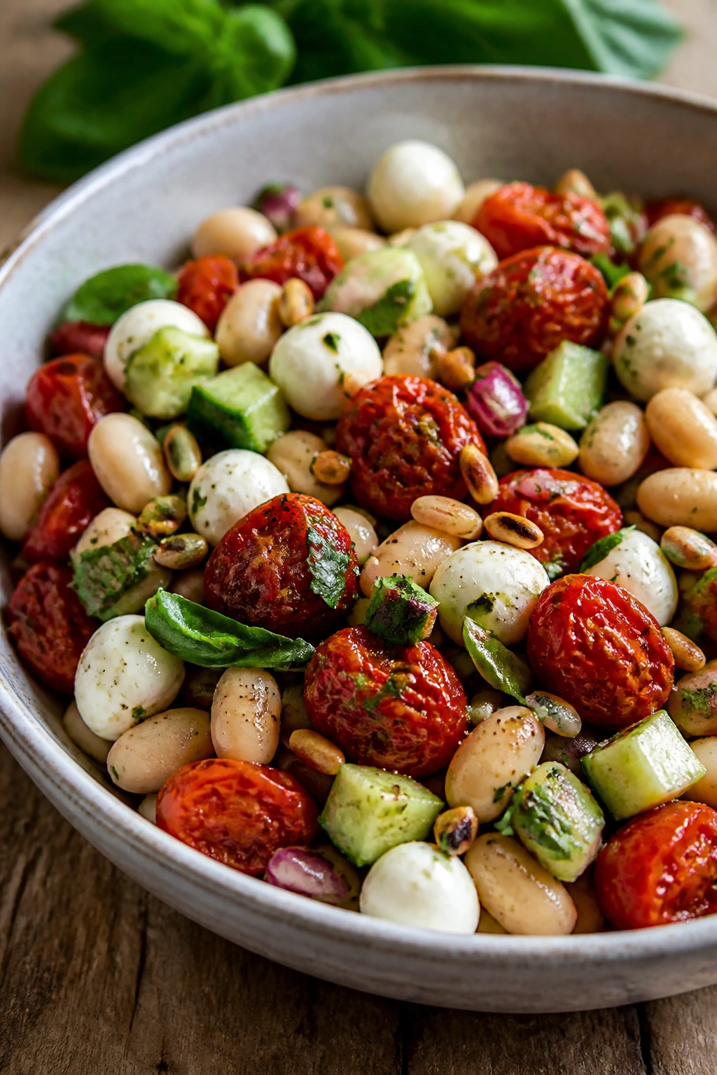 Close-up of white bean caprese salad with roasted tomatoes in rustic bowl